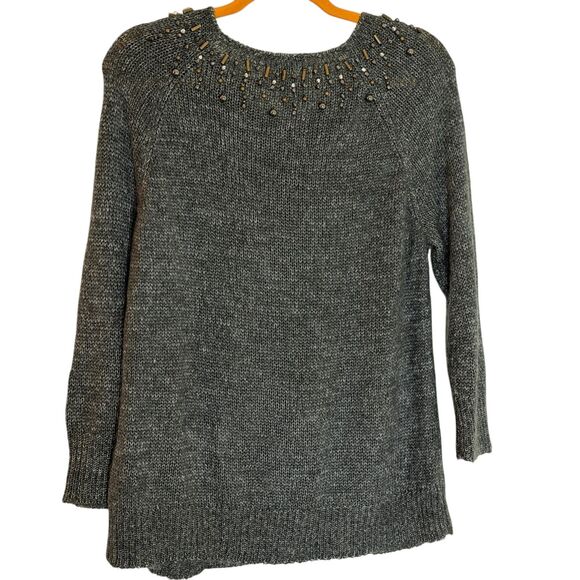 Coldwater Creek Cardigan Sweater Embellished Bead Gray L 14 16 bv - Picture 4 of 8